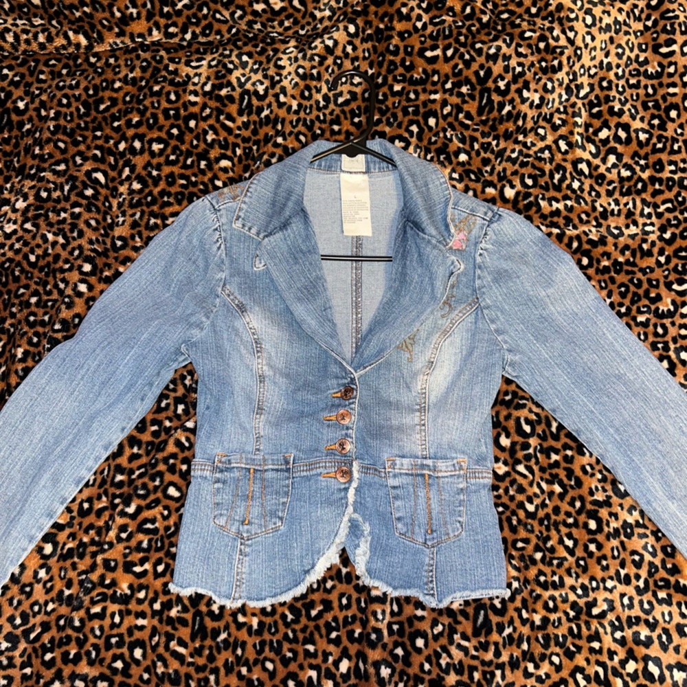 Women's Blue Denim Jacket with Painted Flower Design